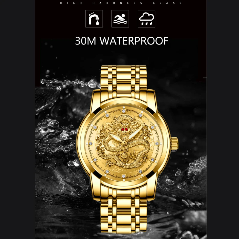 Stereoscopic 3D printing Men luxury business Military Quartz watch golden stainless steel band men watches male clock Relogio