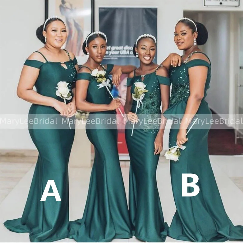 

Custom Hunter Green Bridesmaid Dresses Off-Shoulder Beaded Applique Shiny Satin Off Shoulder Lady Mermaid Long Formal Gowns