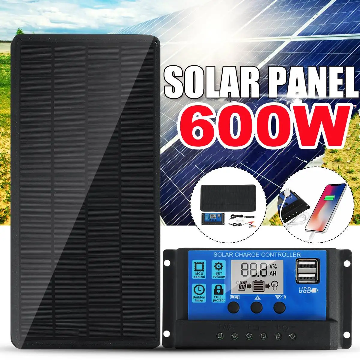 

600W/300W Solar Panel Solar Cells Solar Panel 50A Controller For Car Yacht Battery Boat Charger Outdoor Battery Supply