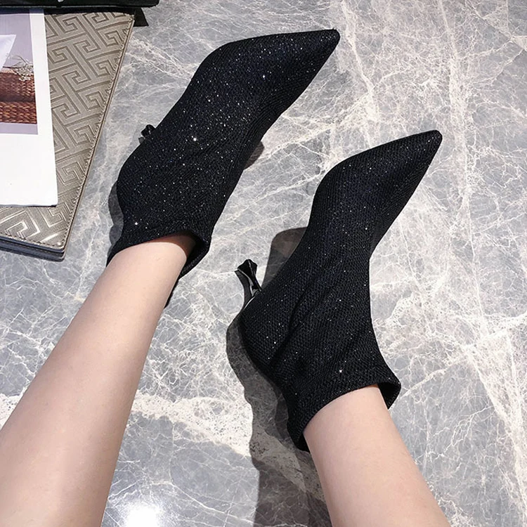 Женские ботинки из блестящей ткани Цвет черный серебристый коллекция 2019 года