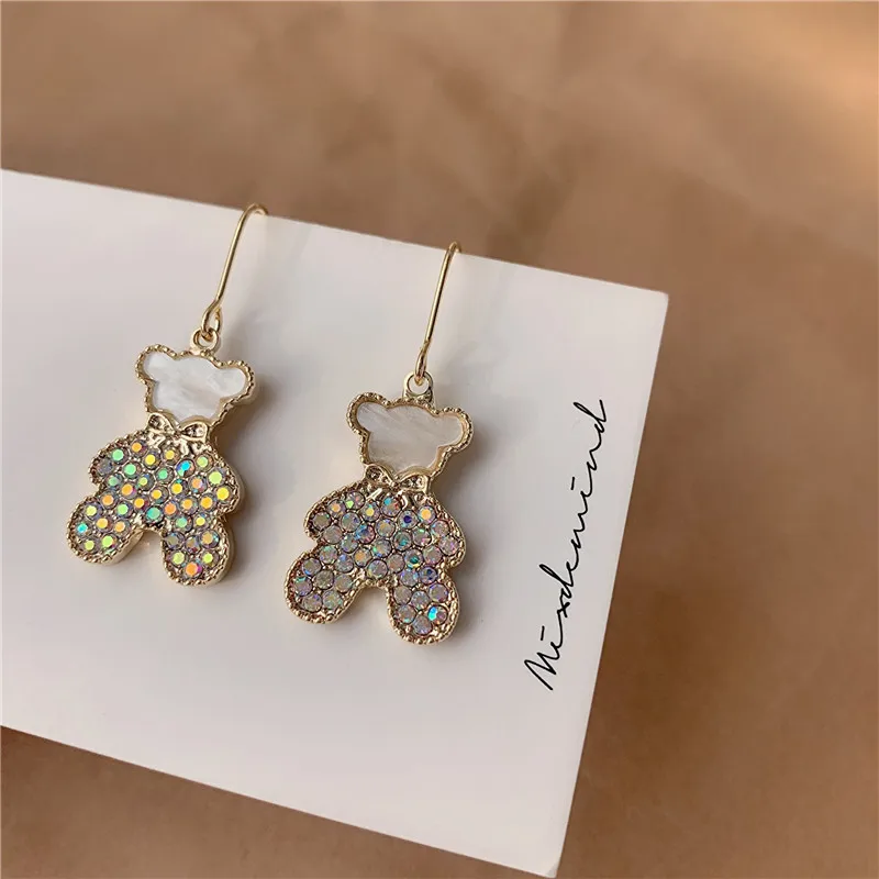 

2021 New S925 Silver Needles Drop Earring Cubic Zirconia Temperament Inlaid Color Bear Earrings High-End Sense Jewelry Wholesale