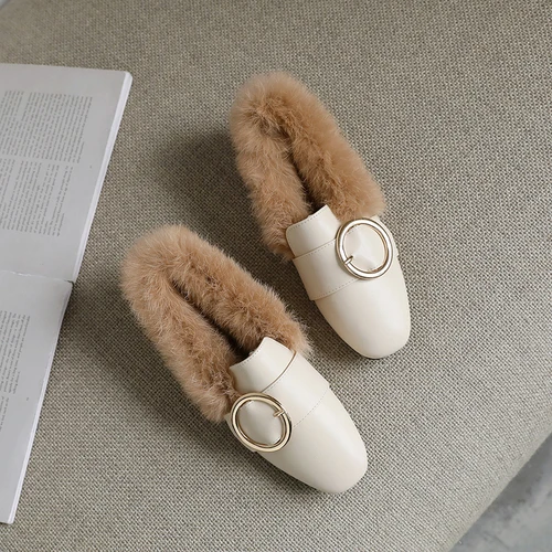 Beige-1 Г. Осенне-зимняя Повседневная Удобная Кожаная обувь на плоской подошве с квадратным носком теплая плюшевая обувь на меху Женская бархатная обувь - Цвет: Beige-1