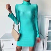 neon tight dress women long sleeve sexy fashion high neck slim dress high neck solid color slim autumn solid color mini dress