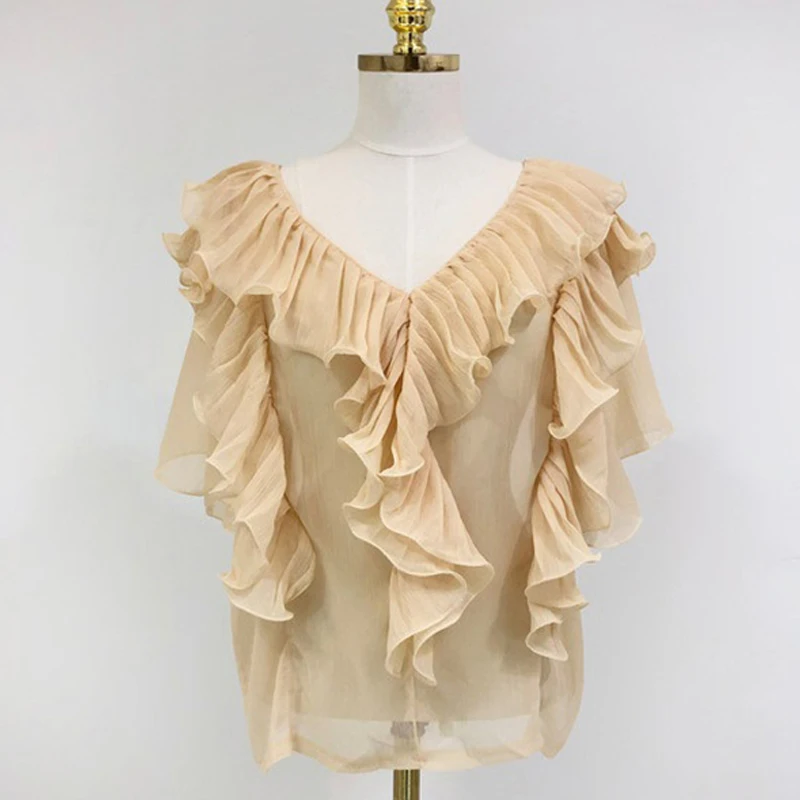 

Elegant Women Ruffles blouse 2020 Summer New Solid Short sleeve V-neck Female shirt Sexy sheer Ladies chiffon tops INKEO 9T151