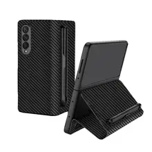 Carbon Fiber Texture S Pen Holder Case for Samsung Galaxy Z Fold 3 5G Fold3 Shockproof Phone Cover Leather Flip Stand Case