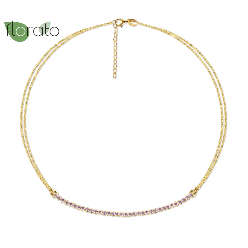 

925 Sterling Silver Korean Simple Gold Necklace for Women Charming White Crystal Choker High Quality Jewelry Adjustable Length