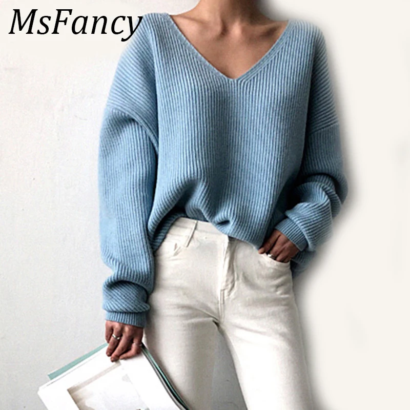 2020 Spring Women Blue V-neck Pullover Sweater Lazy oaf Loose Solid Color Casual Oversize White Black Pullovers | Женская одежда