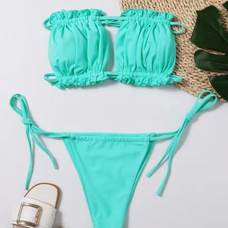 

Sexy Bikini 2021 Women Pleated Bandage Swimsuit Female Strapless Low Waist Swimwear Women Beach Thong Bikini Set Bathing Suit