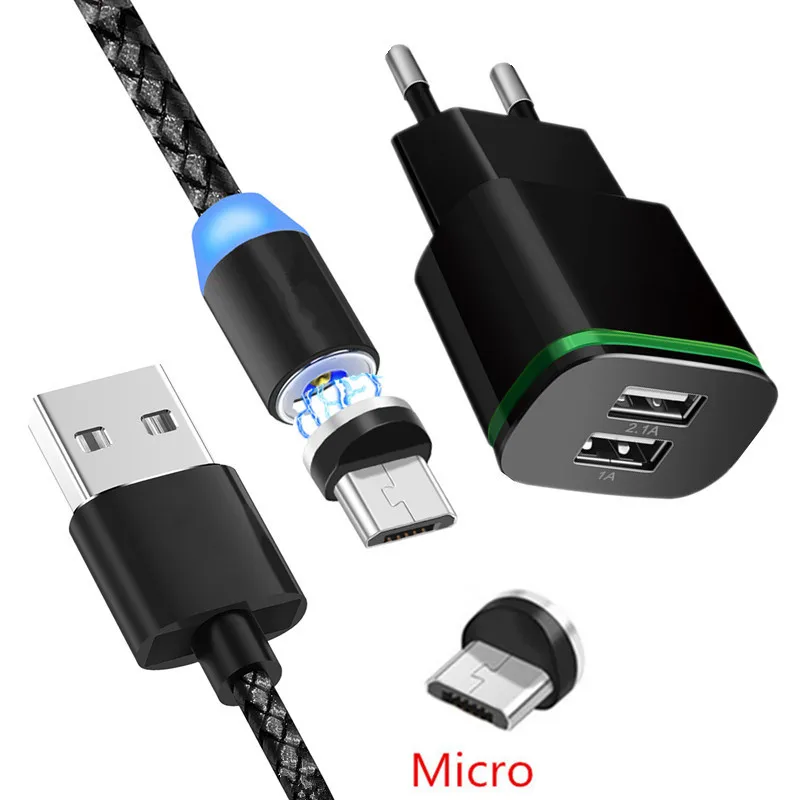 Магнитный светодиодный Micro USB кабель мобильного телефона зарядное устройство для samsung Galaxy huawei P Smart zte Blade V7 F11 Oppo A7 A5s A83 - Тип штекера: EU charger and cable