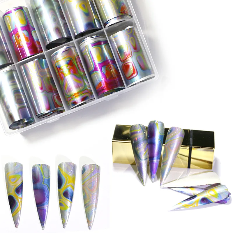 

10pcs Holographic Nail Foil Transfer Sticker Decal Colorful Geometry Designer Nail Art Foils Decoration Sliders Wraps Manicure