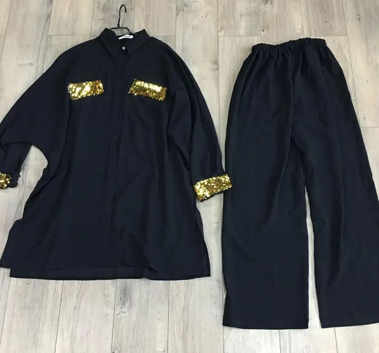 

Set Chiffon Women Long Sleeve Gold Sequin Blouse Tops + Pants Two Piece Suits Fashion Elegant Loose African Clothing Plus Size