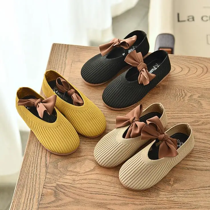 Детская трикотажная обувь с бантом для девочек повседневная на плоской подошве 3