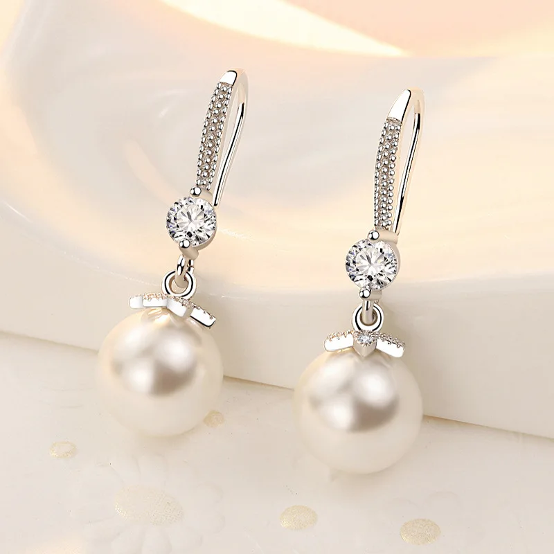 

Starmoon Elegant Round Imitation Pearl Dangle Earrings Dazzling CZ Women Engagement Wedding Graceful Accessories Fashion Earring