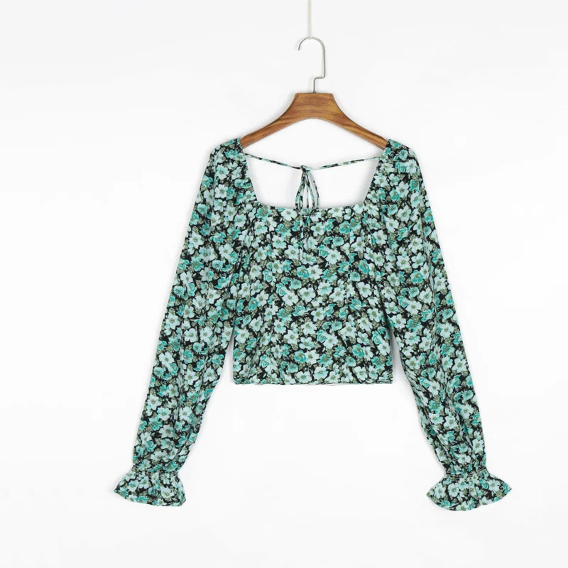 

Summer women's casual flower print square neck long sleeve shirt