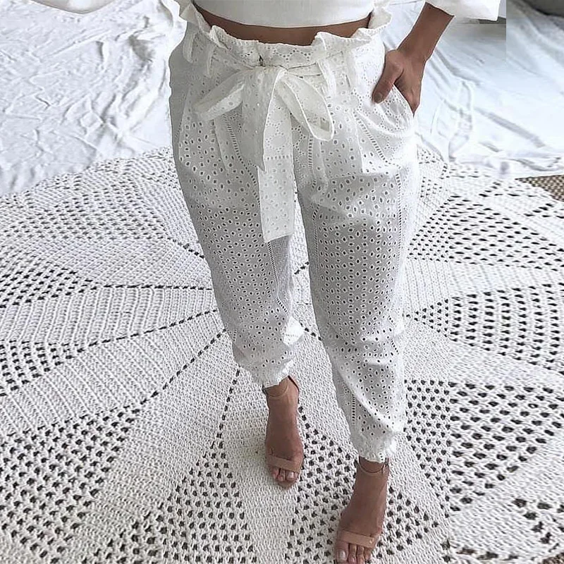 Женские бумажные сумки с поясом кружевные повседневные штаны женские белые