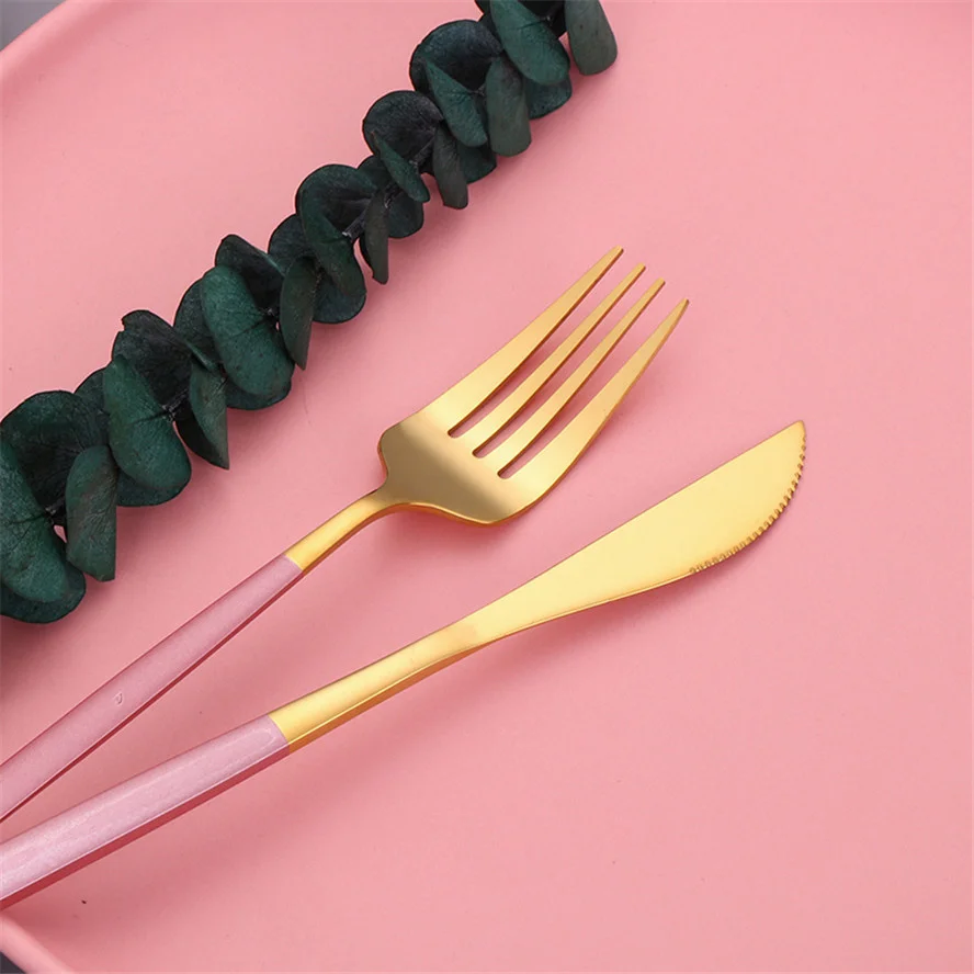 

Pink Gold Stainless Steel Cutlery Set Complete Dinner Tableware Gold Fork Spoon Knife Set Flatware Kitchen Utensils Dropshipping