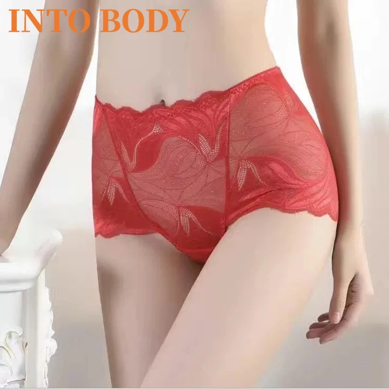 

Lady Sexy Lace Underwear Panties Mid-Waist Briefs Female Translucent Elastic Underpant Floral Mesh Lingerie Cotton Crotch