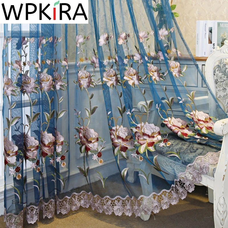 

Window Blinds Red Peony Embroidered Tulle Curtain For Living room Luxurious Blue Sheers European High end French Window Drapes