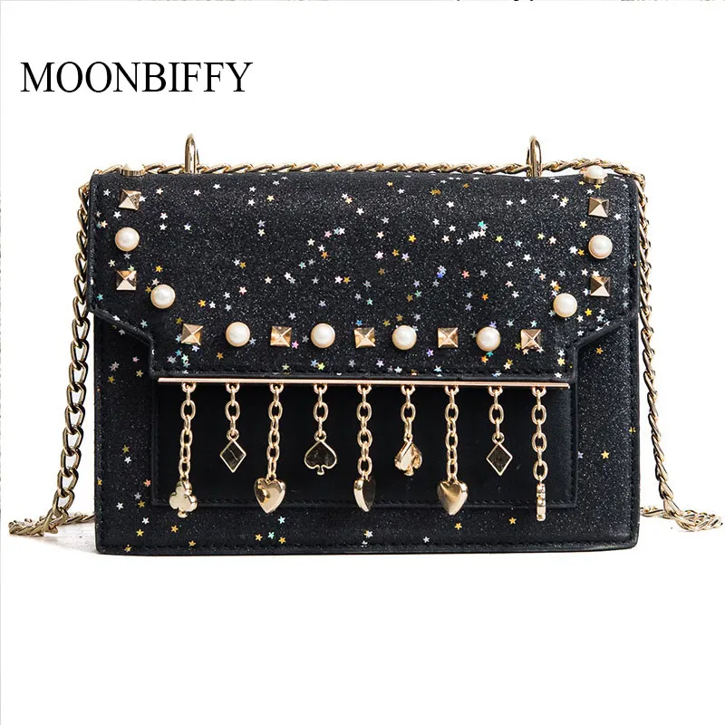 

PU Leather Women's Designer Handbag Fashion New Sequined Shoulder bags Fringed Rivets Messenger bag High-quality Chain bag