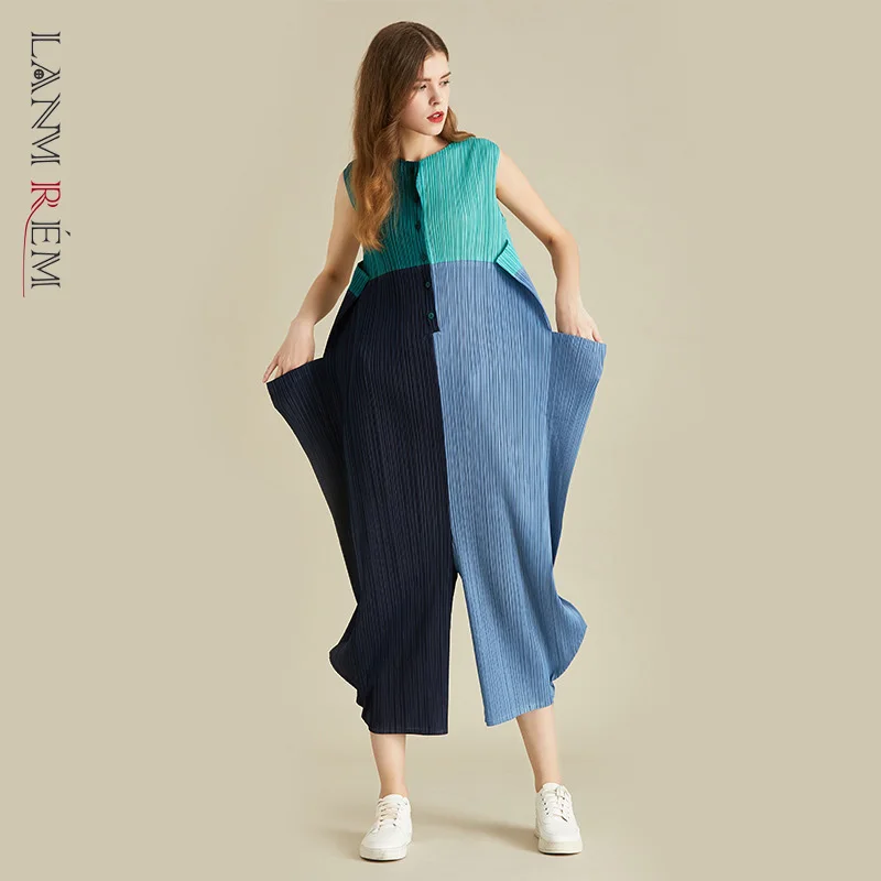 

LANMREM Women Round Neck Sleeveless Contrast Colors Loose Jumpsuit 2021 New Summer Pleated Elastic Female WH67117