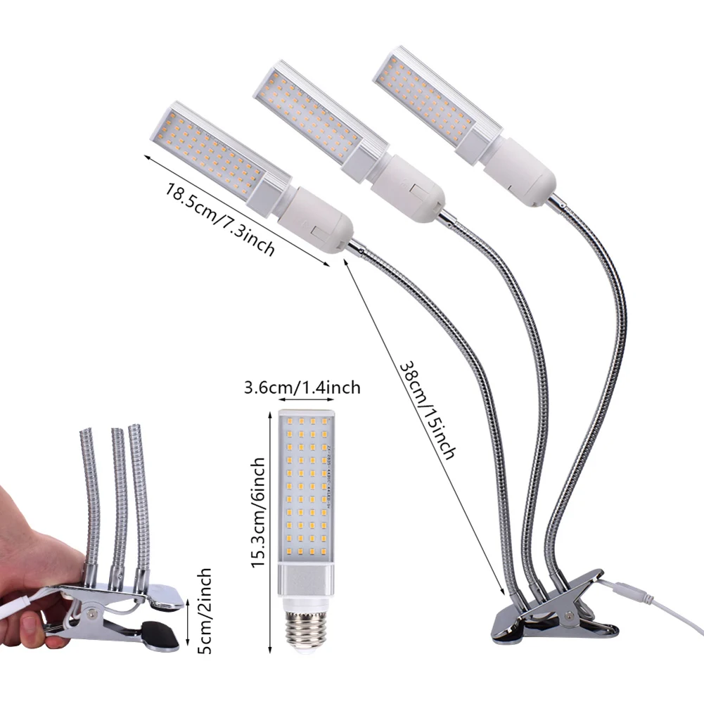 

60W 5V Adjustable Light Dimmable Three-head Flat Clip Corn Plant Light Full Spectrum Warm White 3000K 132LED Silver
