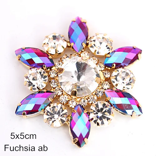 Fuchsia AB-5cm 1 шт. кристалл AB аппликация из стеклянных страз с золотой основой цветок аппликация стразы пришить стразы для свадебного платья B3486 - Цвет: Fuchsia AB-5cm