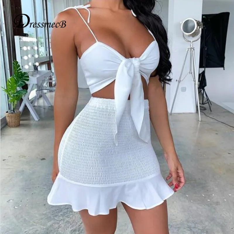 

Dressmecb комплекты из двух предметов на тонких бретельках с белыми оборками Женский комплект из майки с бантом и юбки 2021 женский летний комплек...