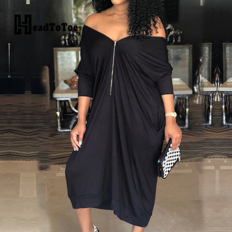 

Solid Zip Casual Dresses for Women Full Sleeve Slash Neck Mid-calf Loose Dress Women