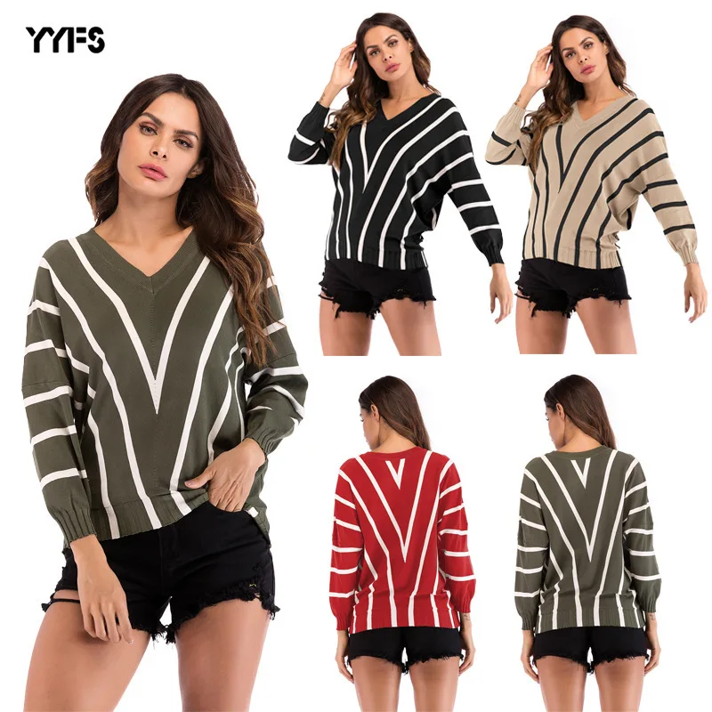 Fall / winter 2020 European and American women's wear wish express hot sale stripe V-Neck Sweater bat sleeve bottom coat | Женская