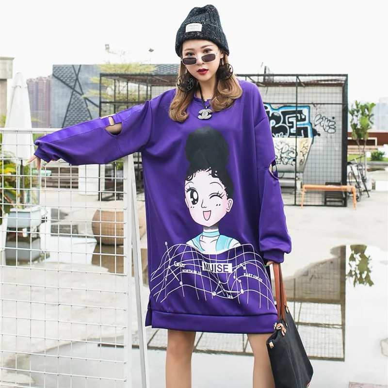 Женское платье с длинным рукавом фиолетовое свободное прямое и мультяшным