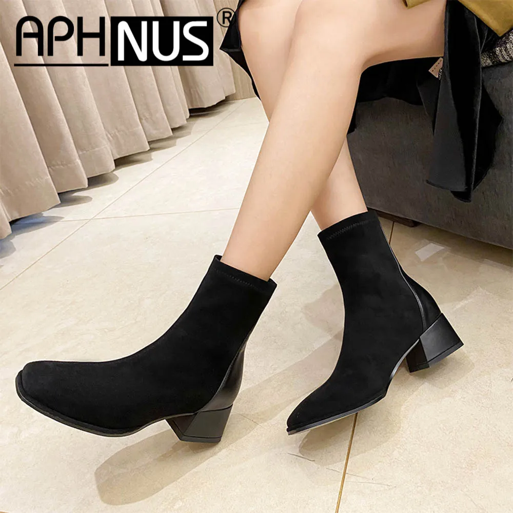 

APHNUS Womens Boots Short Ankle booties Square Toe Low Mid Heels Pumps Woman 2020 Shoes For Women New Boot