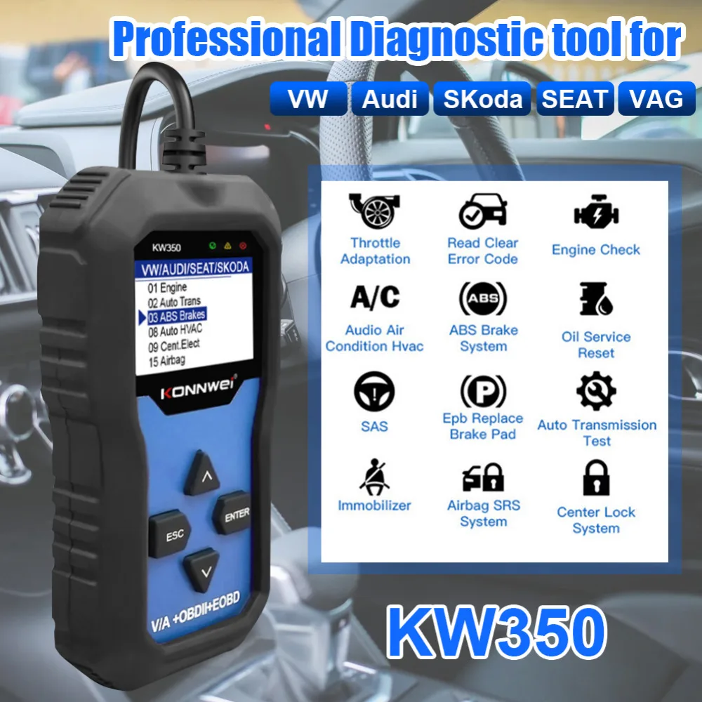 KONNWEI KW350 VAG OBD2 читатель кода масло сканера EPB давления воздуха в шинах сброса