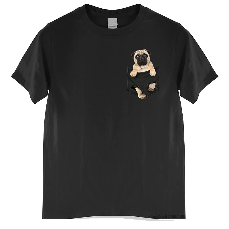 Мужская хлопковая футболка с карманом для мопса черная влюбленных собак