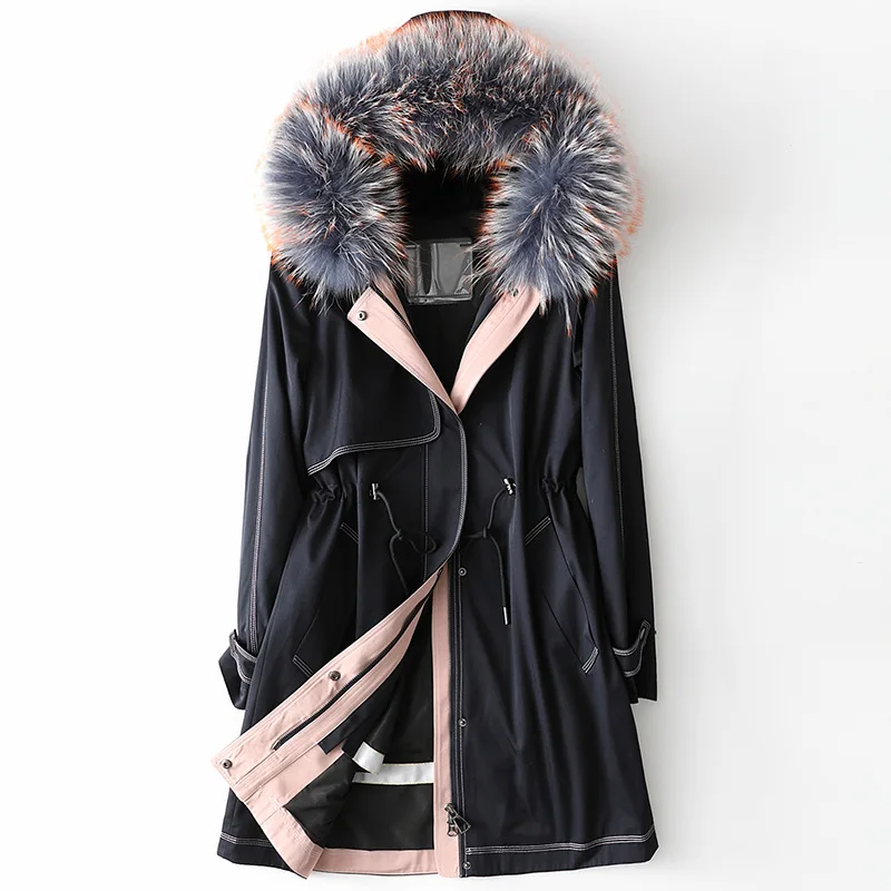 

2020 New Raccoon Fur Collar Hooded Coat Female Women Genuine Fur Long Overcoat Thick Drawstring Parker Outwear M L XL 2XL