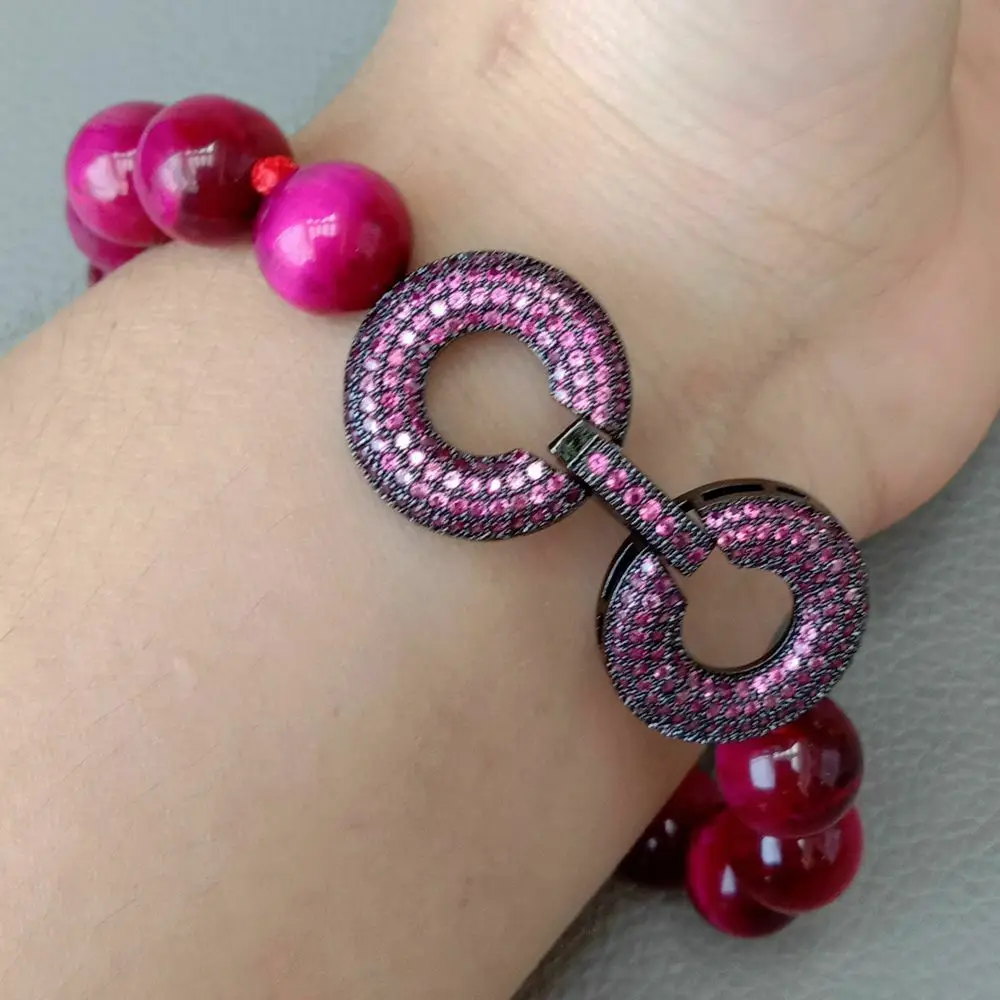 8 ''фуксия Круглый 10 мм тигровый глаз браслет cz проложить застежка|Плетеные