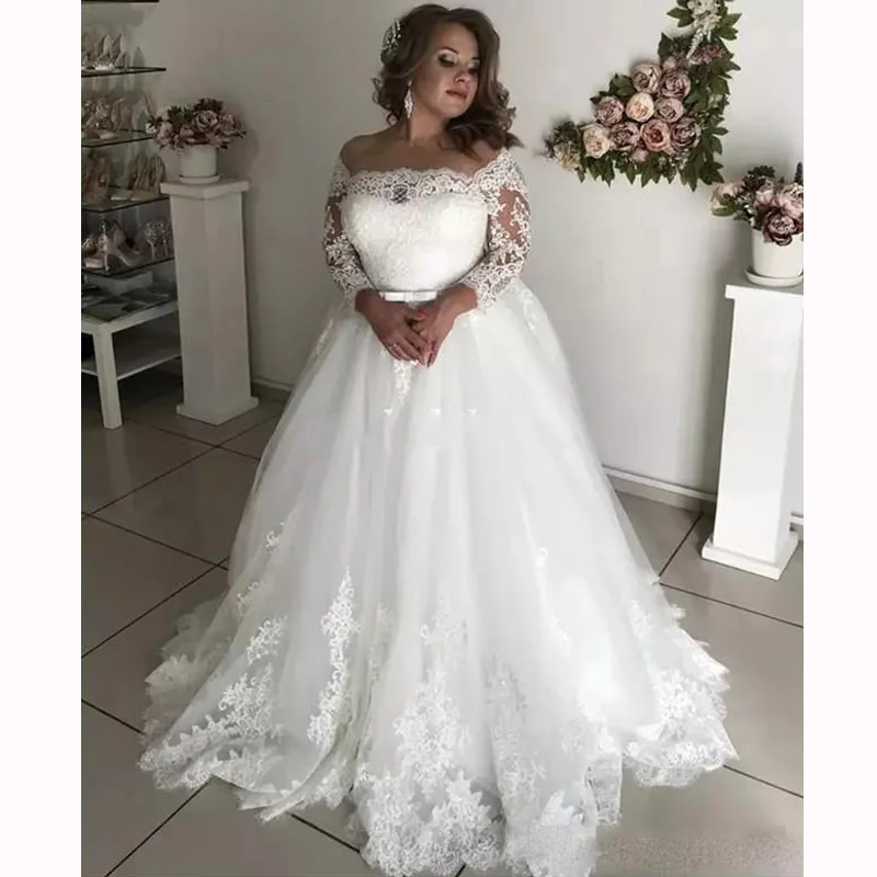 

Off the Shoulder Wedding Dress Sheer Long Sleeves Lace Appliques A Line Long Dress Bridal Gown Formal Prom Vestido de noiva 2020