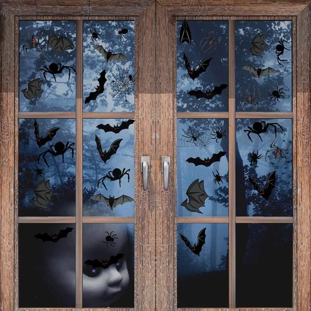 

New Halloween Static Window Sticker Haunted House Bat Decor Party Stickers Door Halloween Window Spider Creative Glass Web S3R9