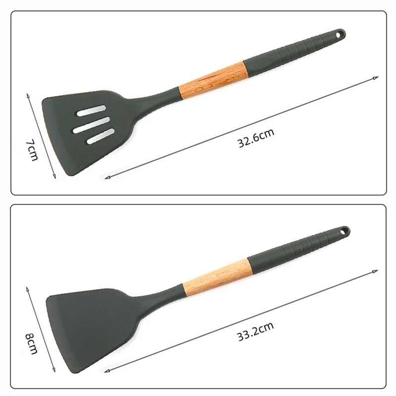 

Kitchen Utensil 11pcs Silicone Baking Utensil Set with Storage Bucket Wooden Cooking Tool Non-stick With Hanging Hole P