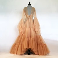sexy see thru ruffles tiered tulle long summer women dress elegant robe bridal illusion trumpet sleeves long dress for photo