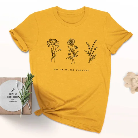 Летняя футболка без дождя и цветов, модная повседневная женская желтая одежда, футболка с коротким рукавом и пчелами, со слоганом без дождя, гранж-топы