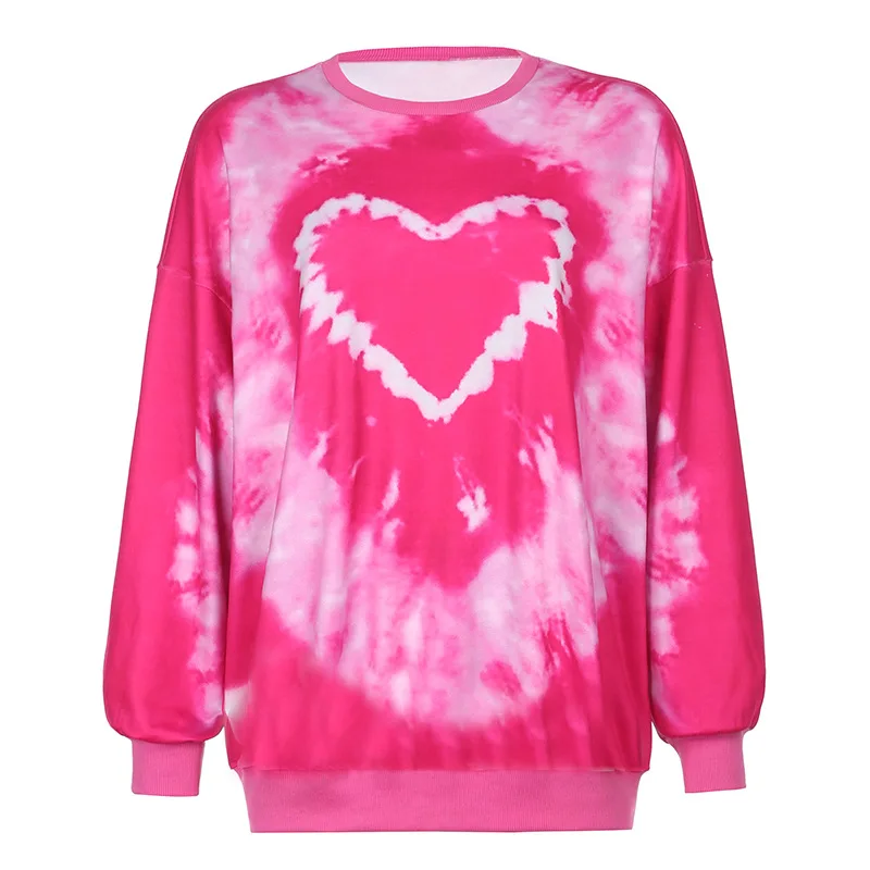 

WFF Pink oversized Sweatshirt retro love tie dye top round neck long sleeve top spring and Autumn Love Pullover women clothing