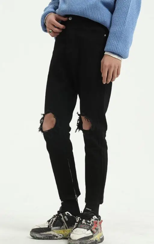 Men's Jeans Slim-Fit Feet Pants Denim Pants Black Ripped Pants Skinny Ripped Jeans Slim Trousers Black Ripped Pants
