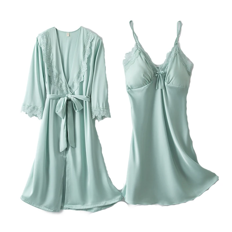 

Fiklyc underwear summer spring autumn long sleeve satin robe & gown sets bathrobe + nightdress two pieces women's sleepwear suit