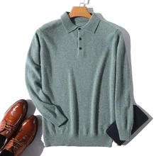 2021 Cashmere Sweater Men's Lapel Spring Autumn New Pullovers Wild Tops Male POLO Shirts Large Size 100%Wool Knitted Base Shirts