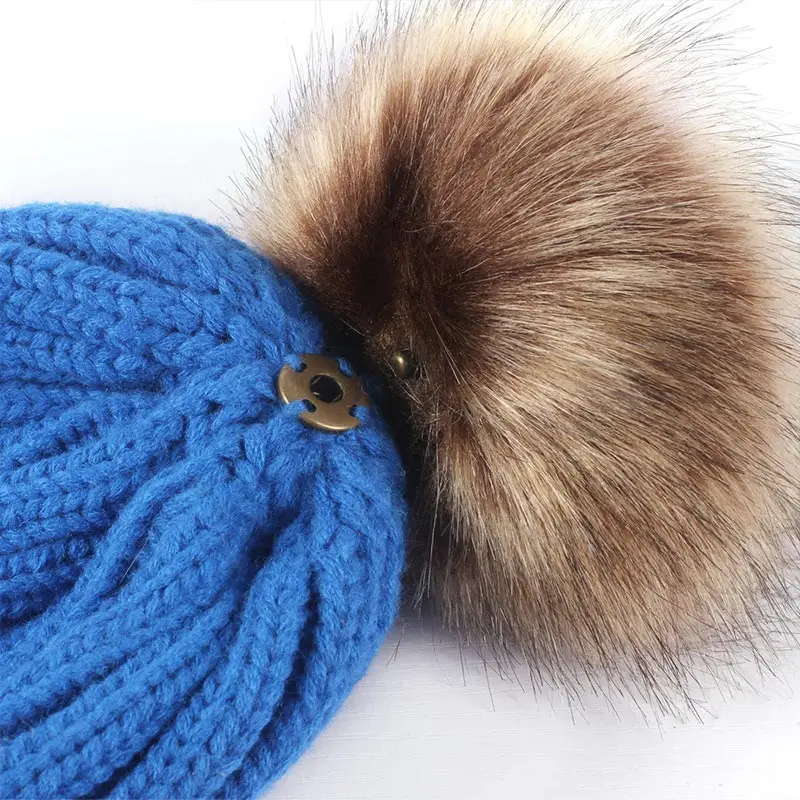 Hot Sale Knitted Womens 14 Colors Faux Fur Ball Beanie Ski Hat Detachable Ladies Winter Unisex Wild Hipster Ball Knit Hat 10PC