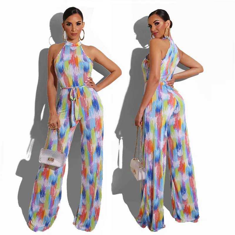 New Arrival! 2022 Summer Playsuit Female Causal Printing Rainbow Striped jumpsuits
