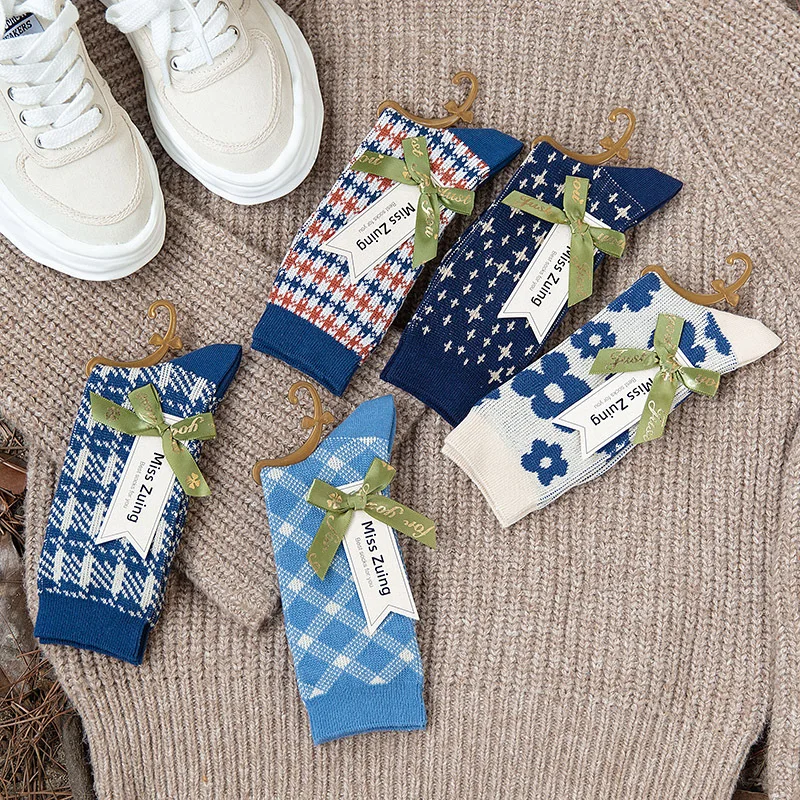 Women Socks Autumn Winter New Socks Fashion Lattice,Lingge,Floral,Blue Starry Sky Cotton Knit Preppy Style Casual Student Socks