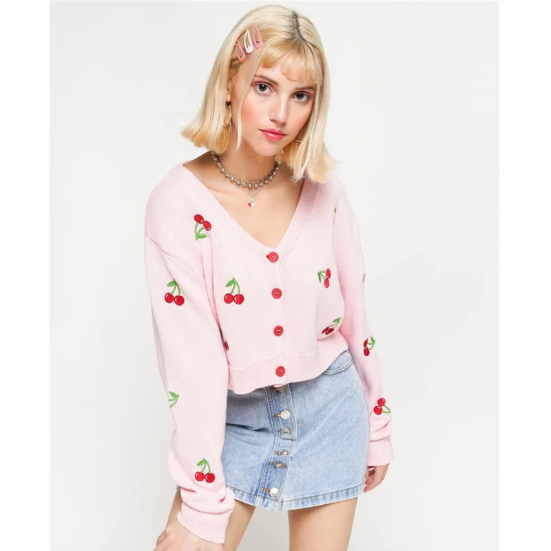 

Kawaii Cherry Embroidery Women Autumn Sweater Long Sleeve Single Breasted V Neck Casual Streetwear Sweet Female Knitted Cardigan
