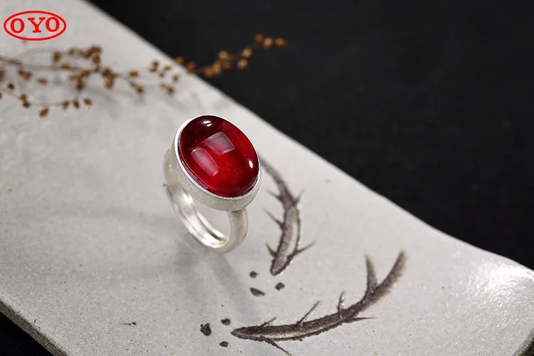 S990 pure silver simple red corundum matte distressed opening sterling silver ladies ring