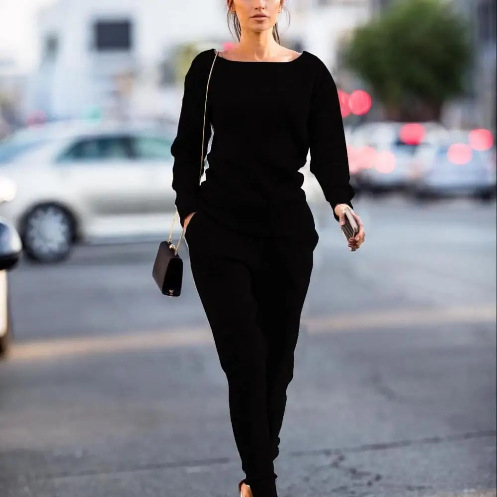 Casual Women's Sweater Suits and Sets Autumn Winter O Neck Long Sleeve Sweaters Tops+Long Trousers Solid 2 Piece 2019 |